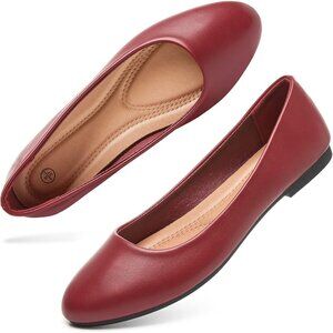 Women's Red PU Leather Closed Toe Slip on Comfortable Ballet Flats Shoes